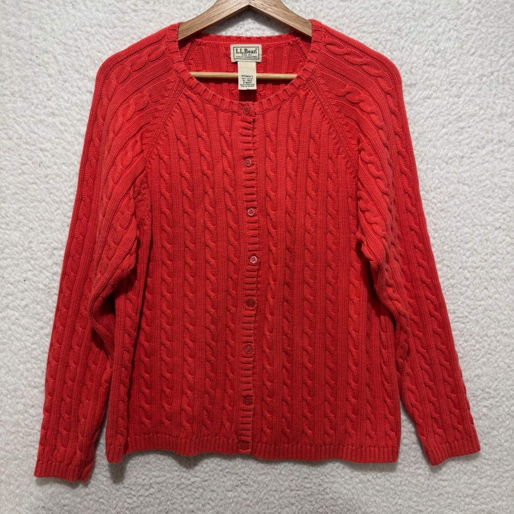 Vintage LL Bean Womens Cardigan‎ Sweater Coral Cable Knit Cotton XL Regular